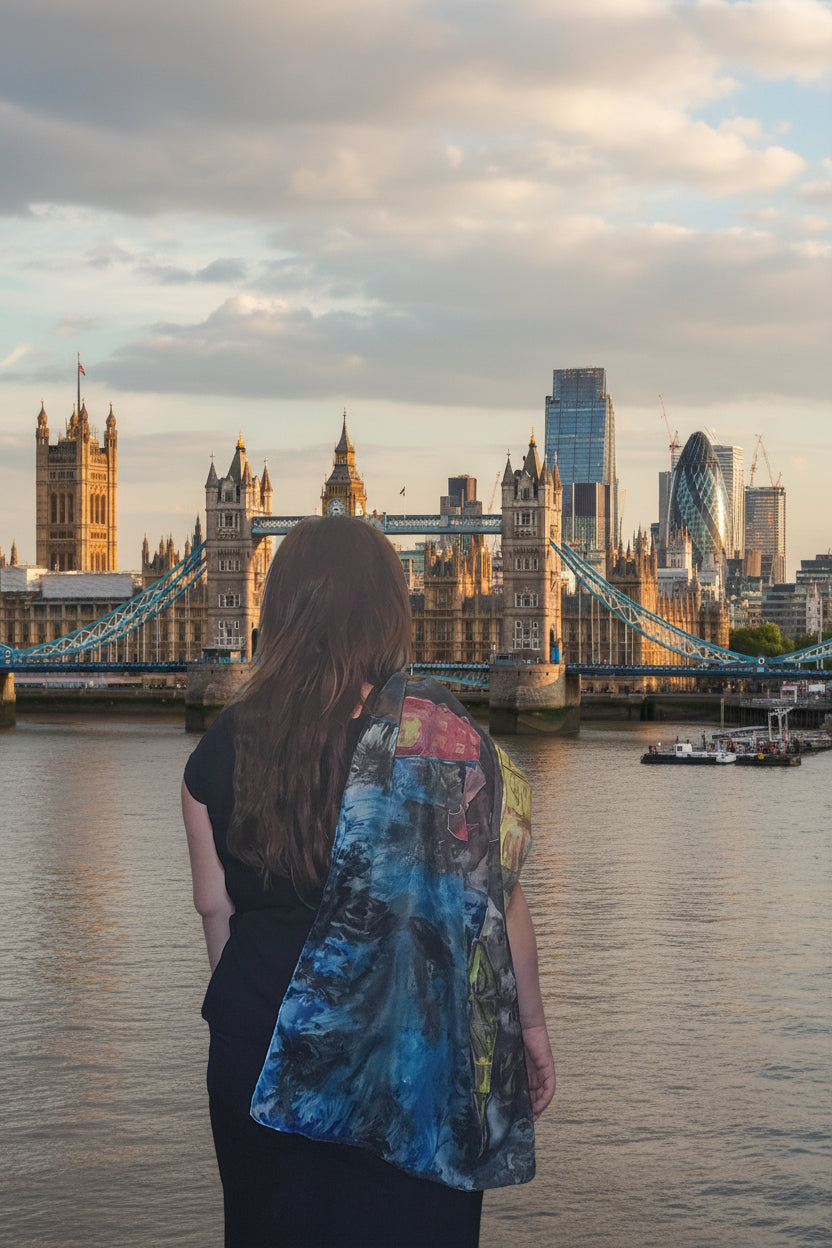 "London Rain" Luxury Silk Scarf – Hand-Painted Original Impressionist Wearable Art