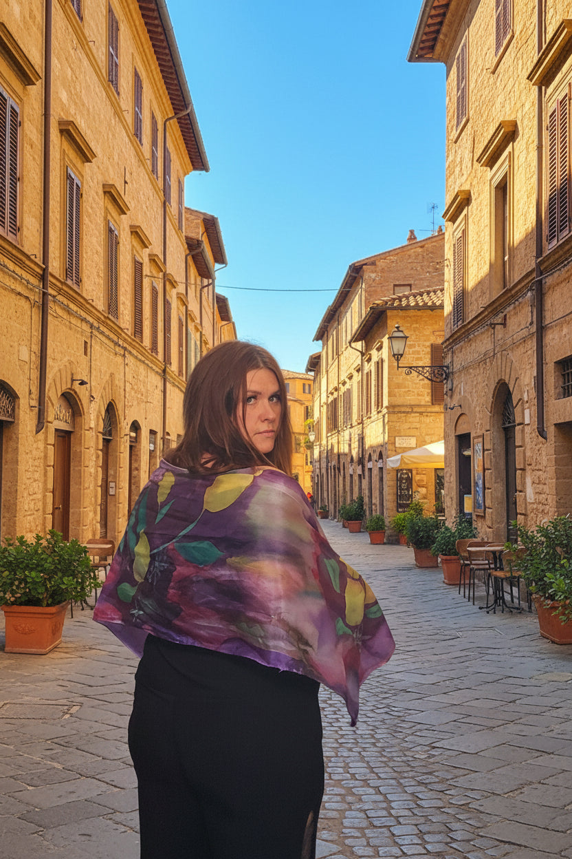 Luxury Hand-Painted Lemon Silk Scarf – Vibrant Botanical Wearable Art