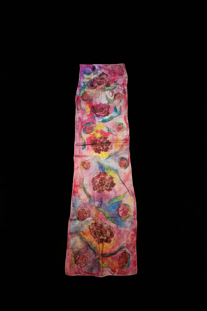 'Peony Blossom' Hand-Painted Silk Scarf