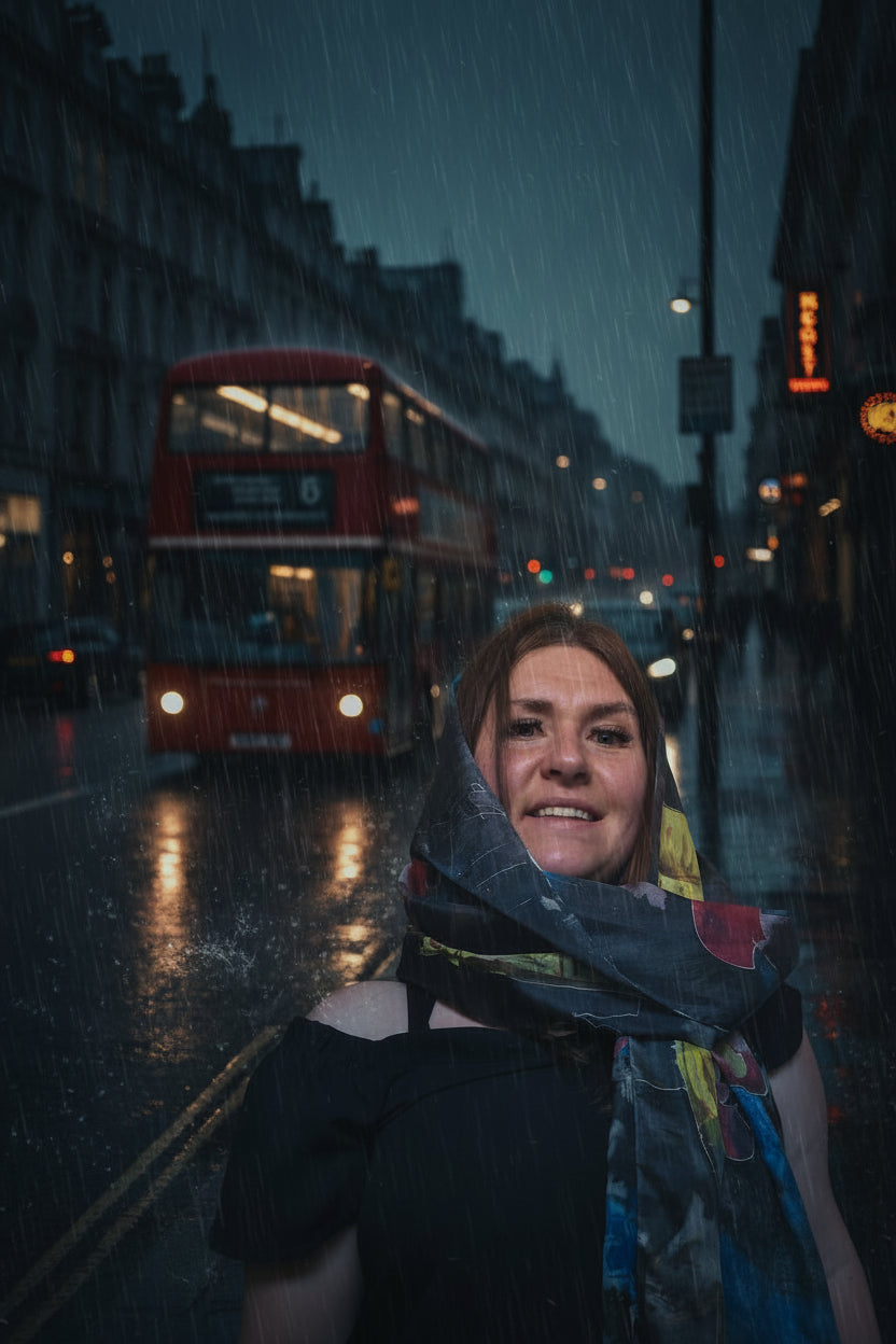 "London Rain" Luxury Silk Scarf – Hand-Painted Original Impressionist Wearable Art