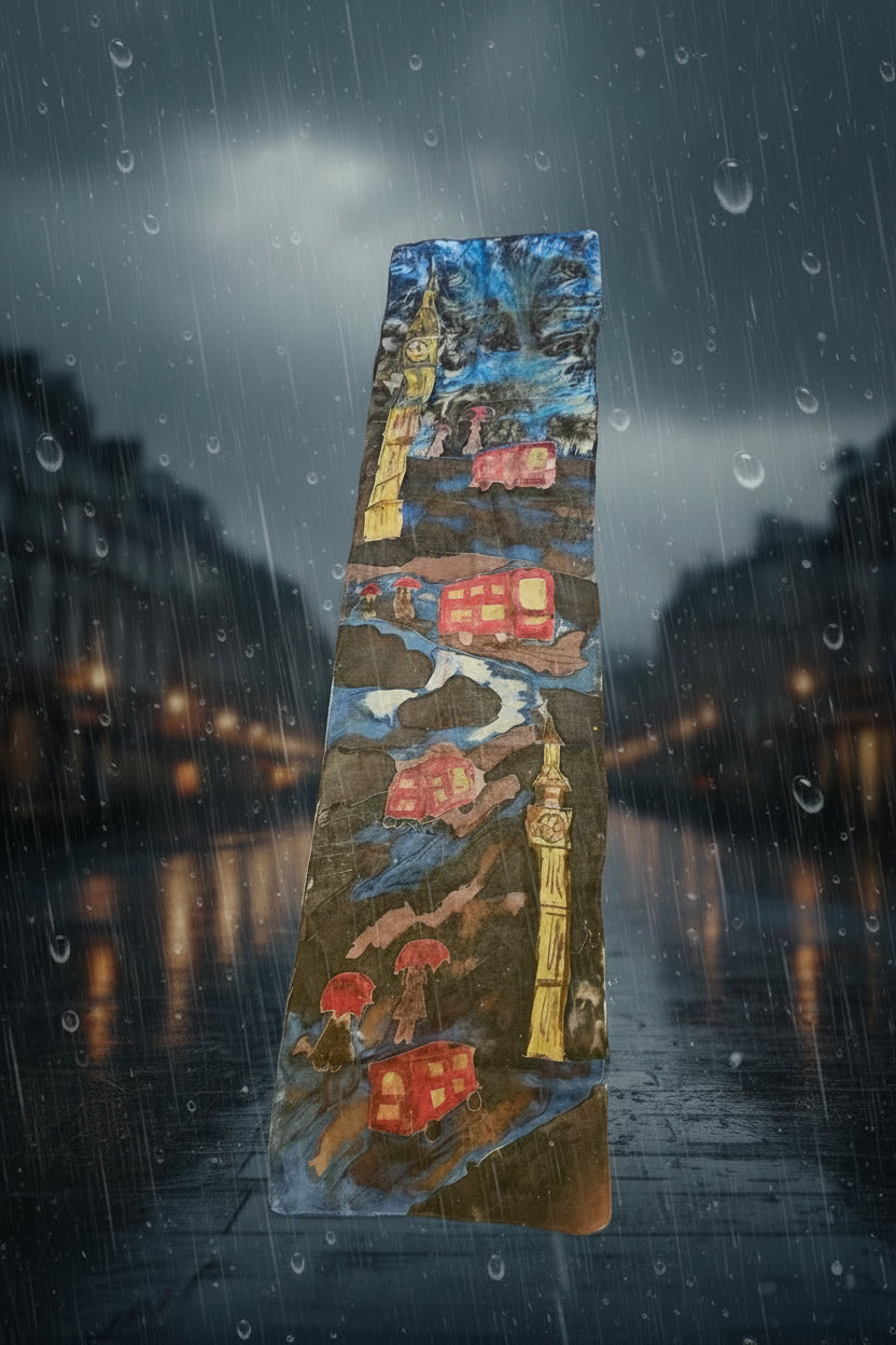 "London Rain" Luxury Silk Scarf – Hand-Painted Original Impressionist Wearable Art