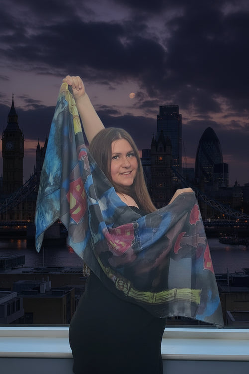"London Rain" Luxury Silk Scarf – Hand-Painted Original Impressionist Wearable Art