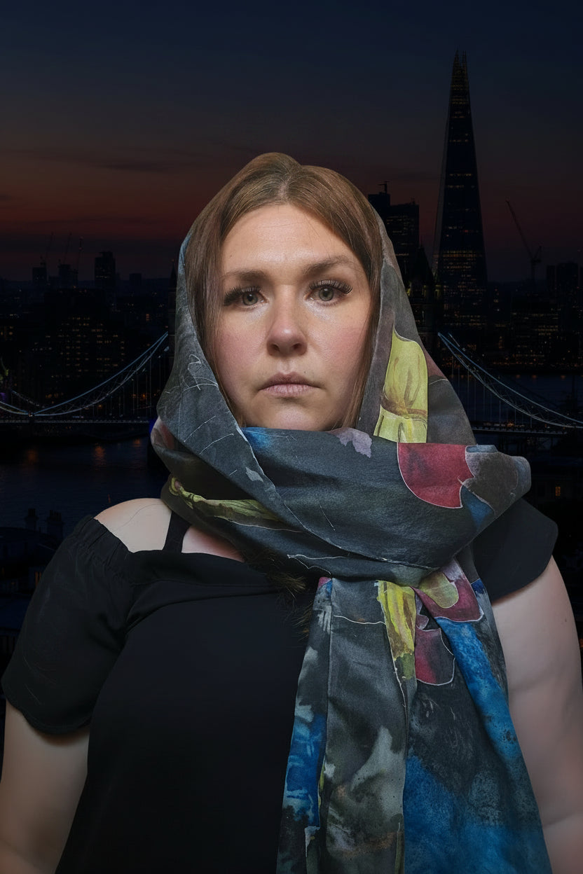 "London Rain" Luxury Silk Scarf – Hand-Painted Original Impressionist Wearable Art