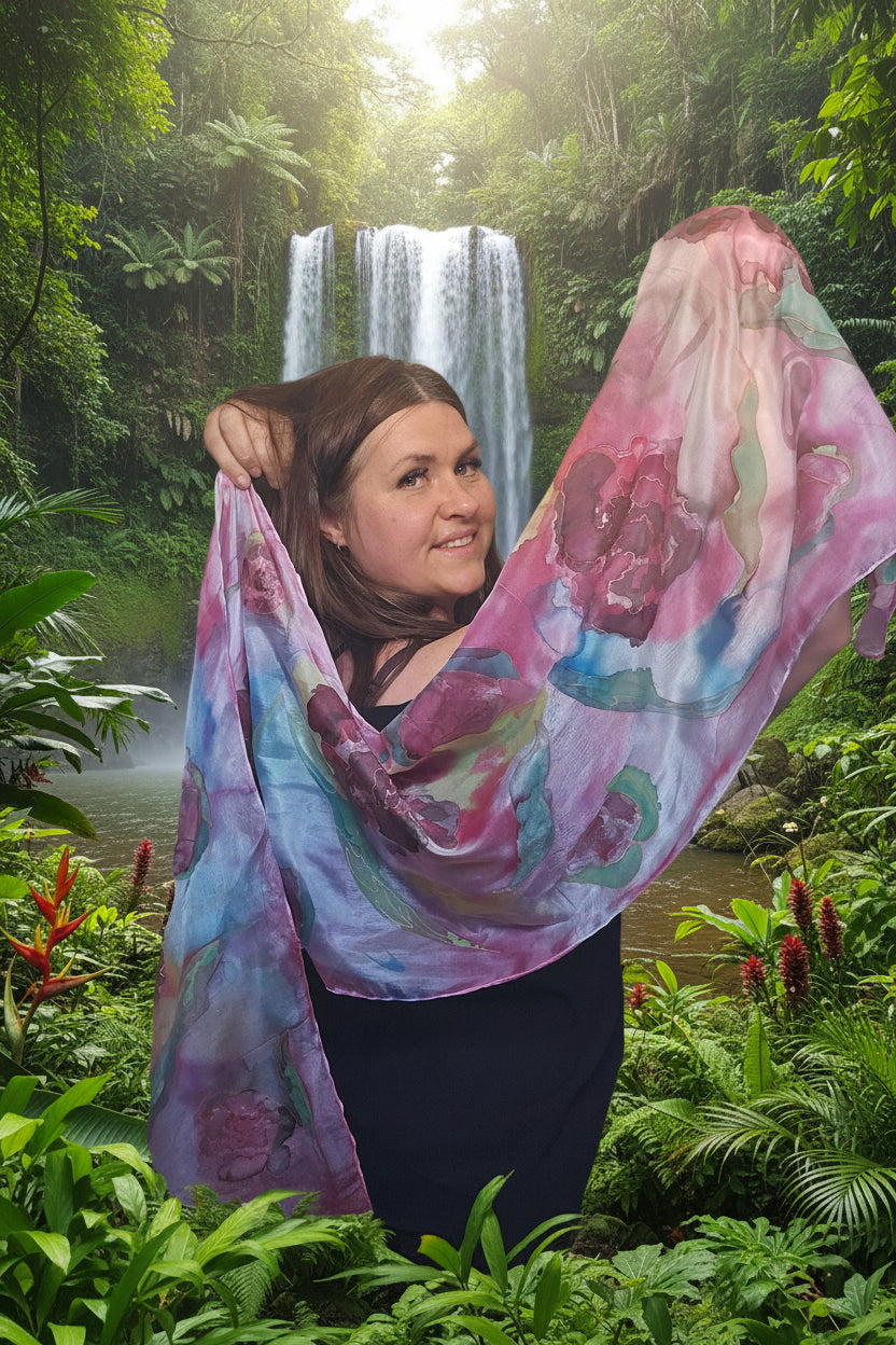'Peony Blossom' Hand-Painted Silk Scarf