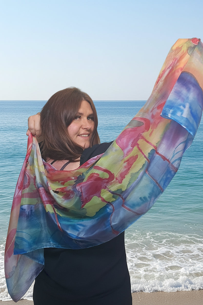 Luxury hand-painted silk scarf, Flamingo